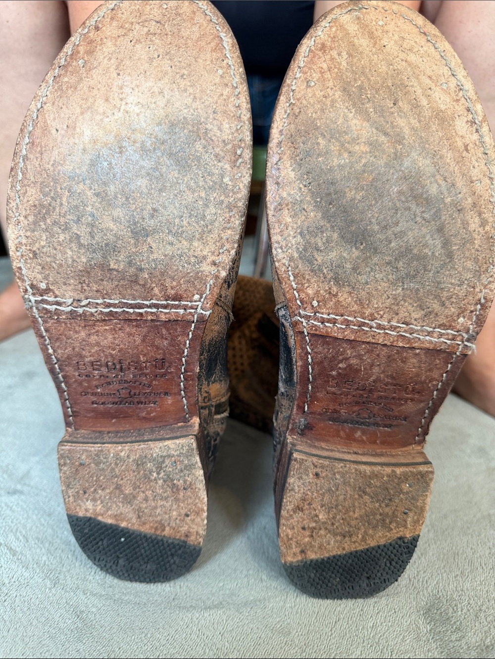 BED|STU Distressed Tan and Brown Perforated Leather Knee Boots - Picture 4 of 5